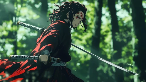 Forest light sharpens the silent resolve of the red swordsman