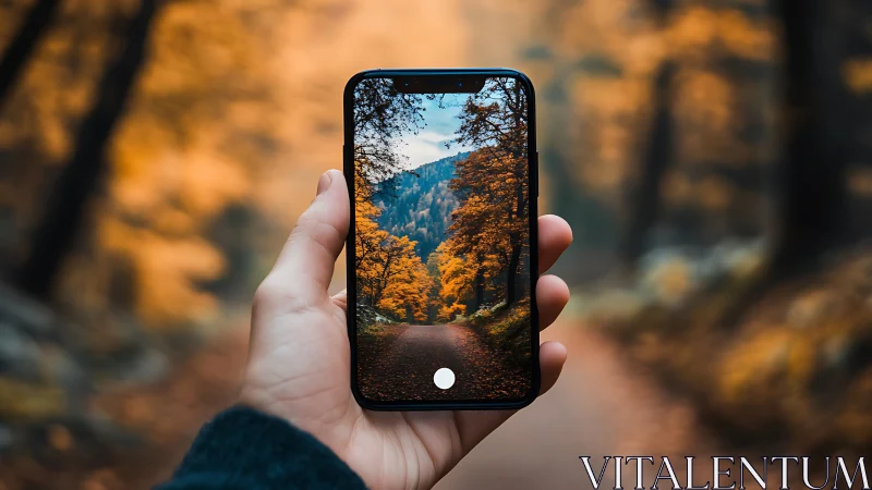 Smartphone frames vibrant autumn forest path in focus.