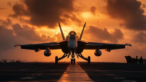 Carrier-based fighter jet silhouette on flight deck at sunset