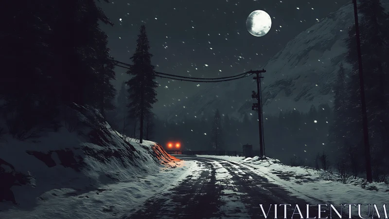Snowbound mountain road under moonlit snowfall at night.