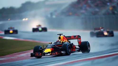 Rain-slicked formula rockets carve silver spray through curves