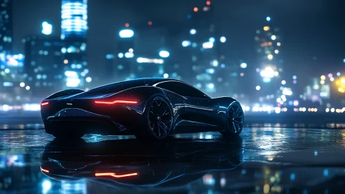 Aerodynamic electric coupé in reflective neon rainscape at night.
