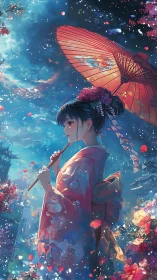 Kimono girl stands beneath starlit sky of drifting petals
