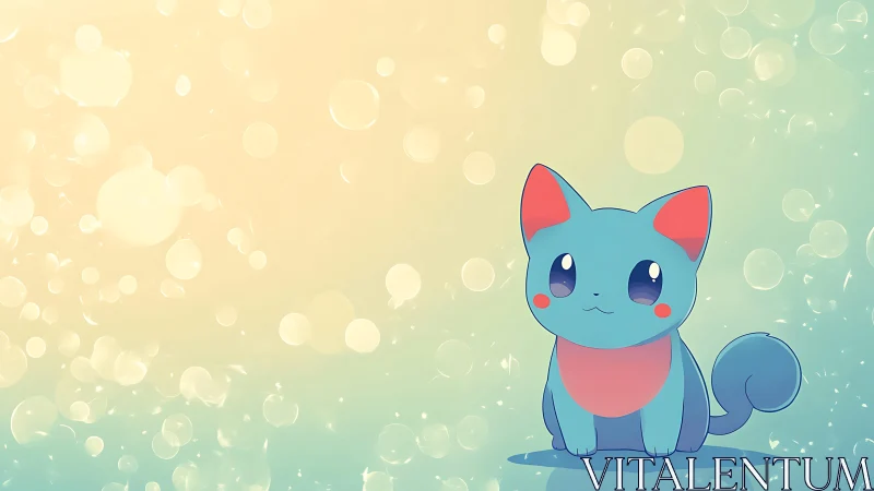 Blue cartoon cat on pastel bokeh gradient background.