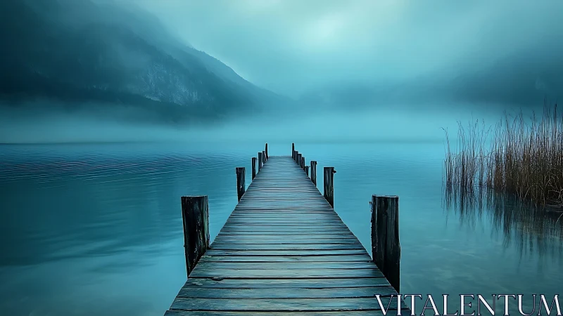 Silent teal pier drifting into a mist-drowned horizon.