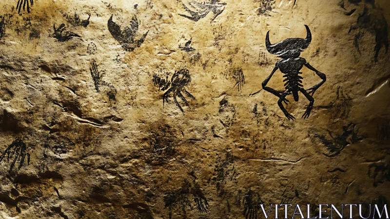 Ancient cave wall shows horned spirit and scattered handprints