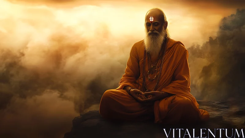 Elderly sage meditates in golden clouds at tranquil sunrise