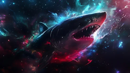 Cosmic Shark Drift; Starlit Predator in Neon Seas.