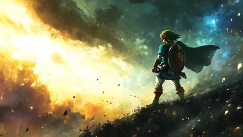 Heroic warrior faces cosmic storm on a shattered ridge