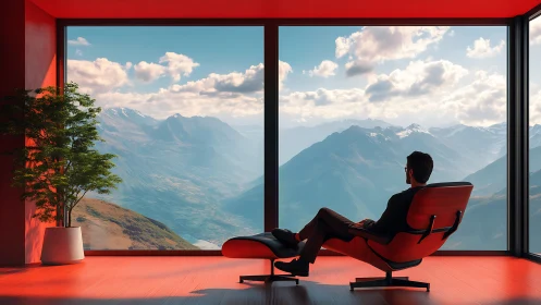 Man in red lounge chair observes vast mountain panorama