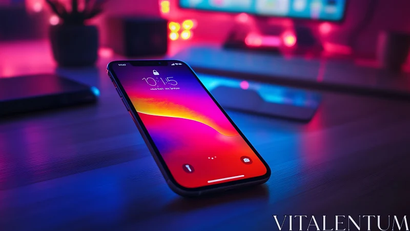 Premium smartphone displaying vibrant neon gradient wallpaper in contemporary tech environment.