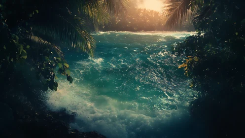 Tropical Lagoon Entrance with Palm Canopy and Golden Backlighting