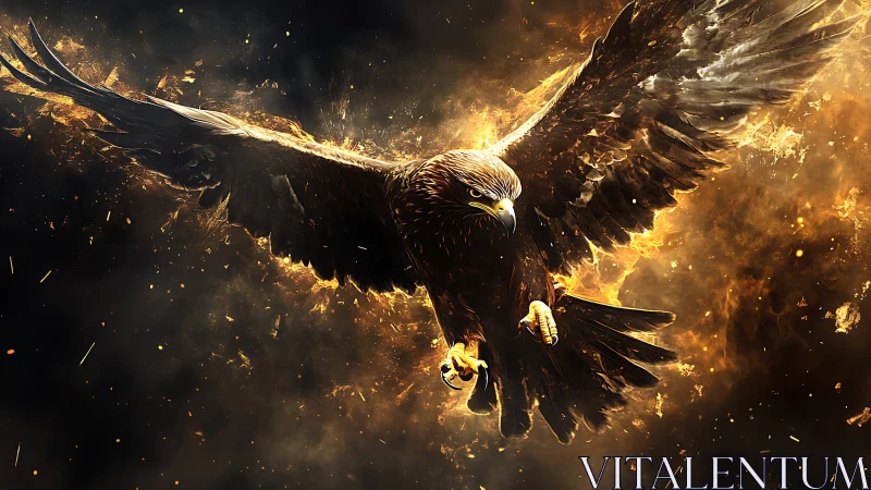 Majestic Eagle in Fiery Digital Art with Outstretched Wings.