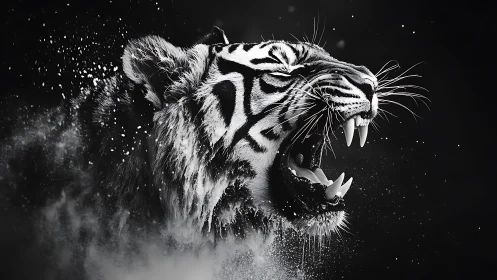 Roaring tiger portrait dissolving into monochrome dust storm.