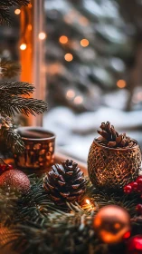Cozy holiday pinecone still life beside glowing window.