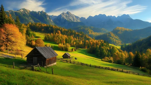 Autumn alpine valley shows wooden cabins under backlit mountain ridge