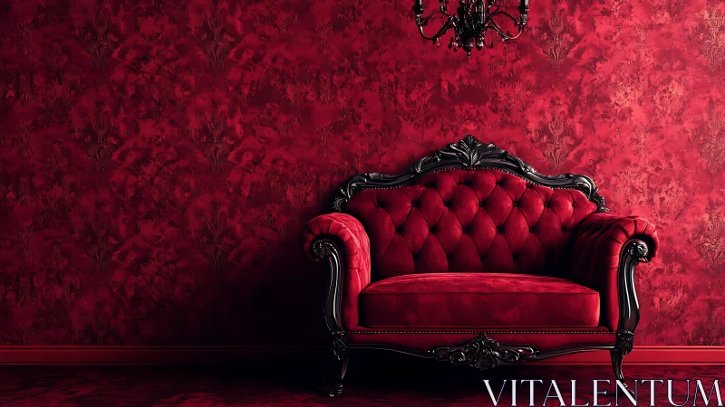 Ornate red sofa positioned against textured red wall