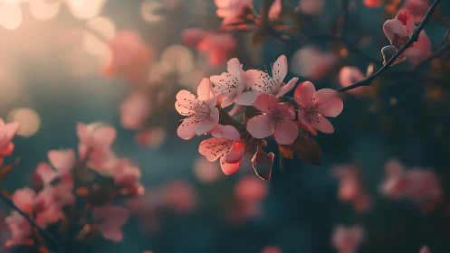 Cherry blossoms on dark branch with backlit pink petals