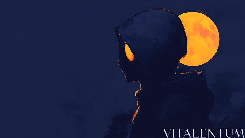 Hooded silhouette glows against vivid full moon backdrop.
