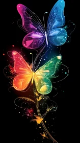 Multicolored digital butterflies on black abstract field.
