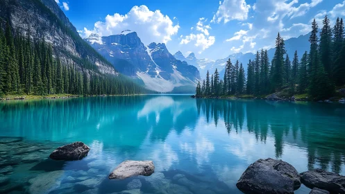 Still turquoise lake cradled by mountains and tall pines.