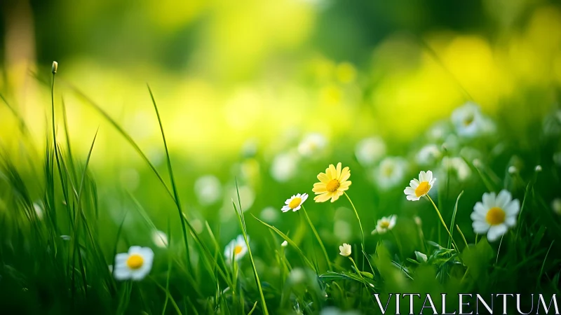 Daisies and Buttercups in Grass with Selective Focus