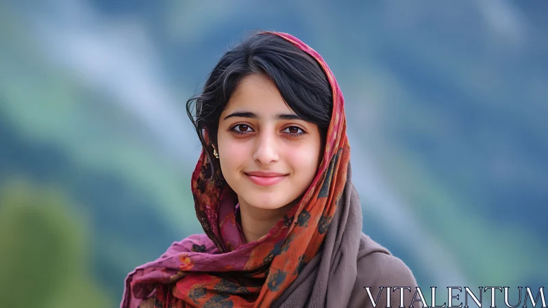 Young Woman in Traditional Scarf with Serene Mountain Backdrop.