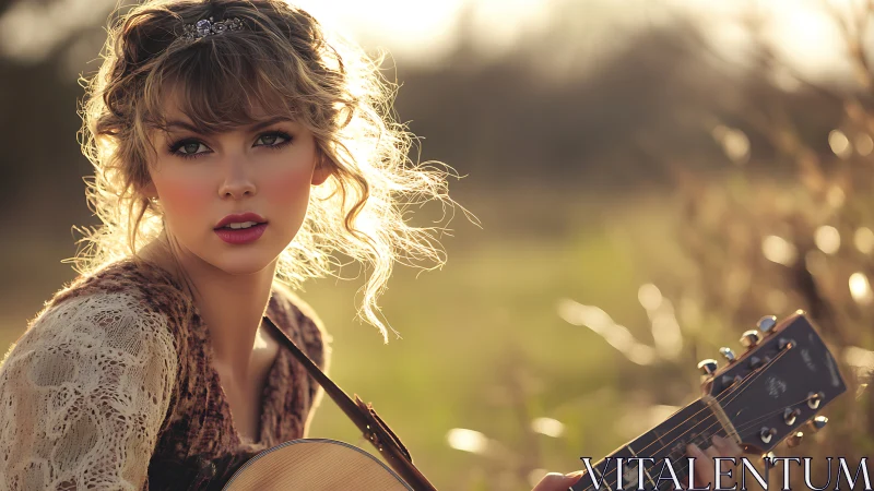 Photorealistic country portrait with acoustic guitar bokeh.