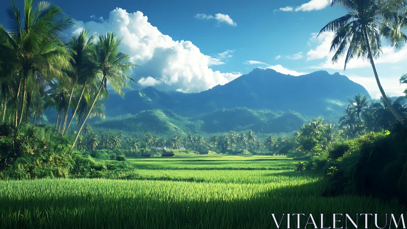 Tropical paddy valley under volumetric clouds and blue mountains.