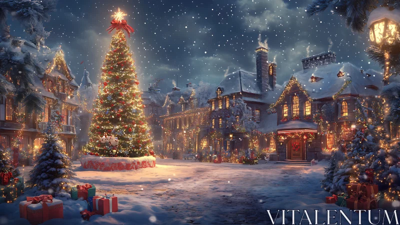 Snowy town square with illuminated Christmas tree and gifts