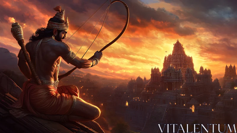 Warrior with bow observes illuminated temple city at dusk