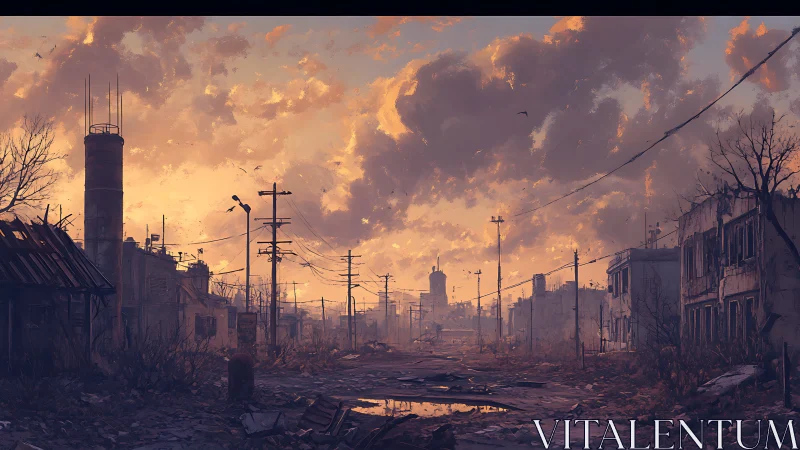 Post-apocalyptic boulevard at dusk, cinematic digital matte painting.