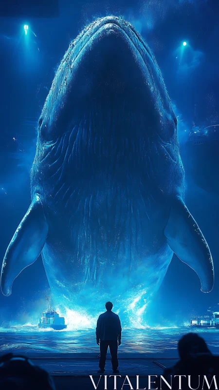 Human observer facing illuminated blue whale projection at dock.