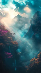 Mountain gorge with mist, waterfalls, and colored foliage.