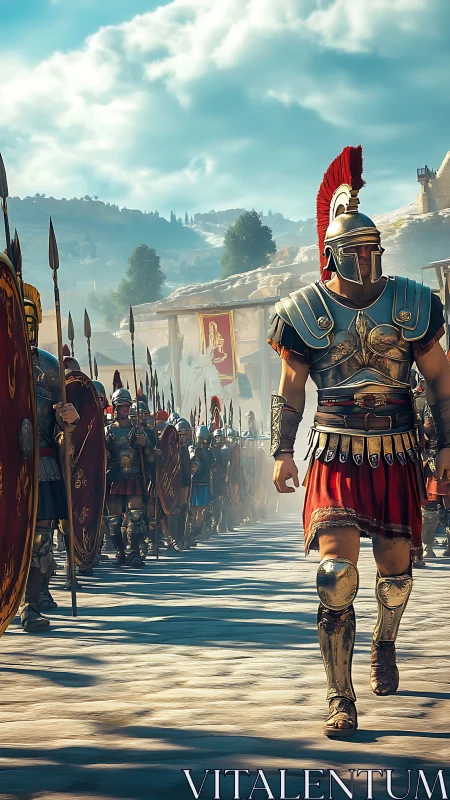 Roman legionary column advancing through sunlit ancient street