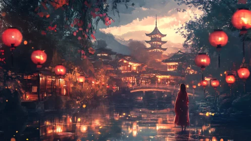 Lantern-lit river city glows beneath tranquil sunset sky.