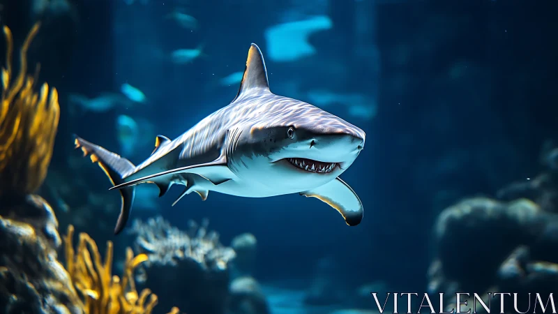 Curious reef shark gliding through a glowing blue ocean.