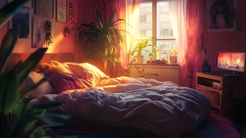 Sunlit cozy bedroom glows with plants and soft bedding.