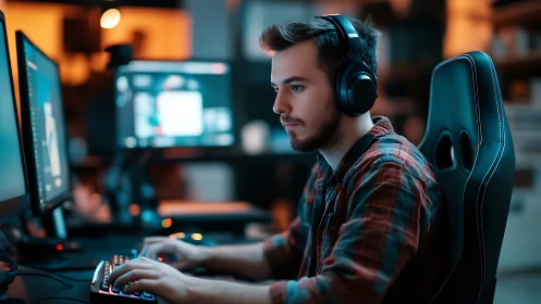 Focused gamer enjoys an immersive night at his computer
