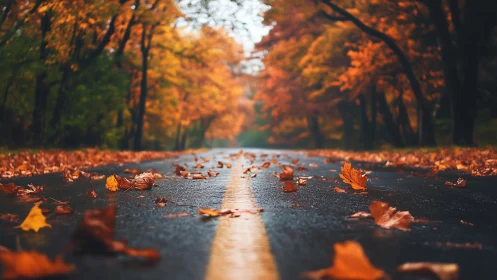 Autumn road with fallen leaves in vivid forest perspective.