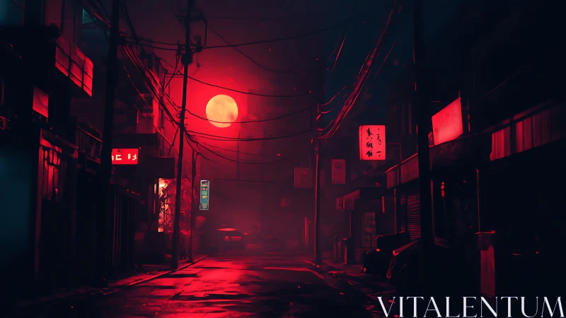 Urban street under red moonlight with neon signage at night.