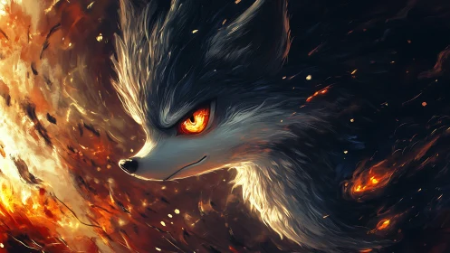 Ember-eyed fox spirit slices through a storm of living fire.