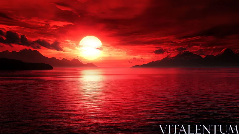 Crimson sun descending over reflective mountain seascape.