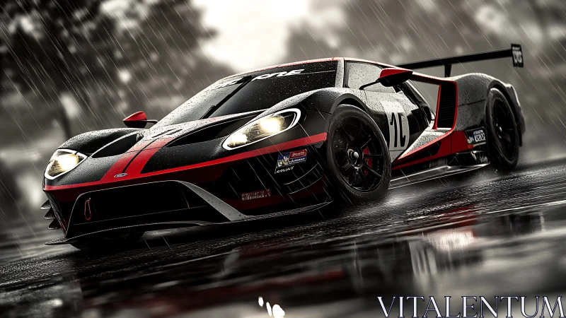 Rain-soaked race car holds steady power on a shining track