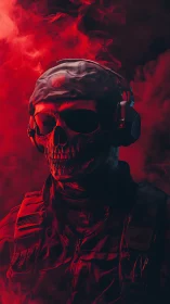 Skull-masked soldier stands in red smoke, glowing ominously.