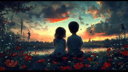 Two children observe dramatic sunset over poppy field.