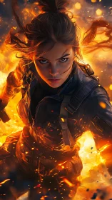 Armored woman strides through exploding firestorm scene