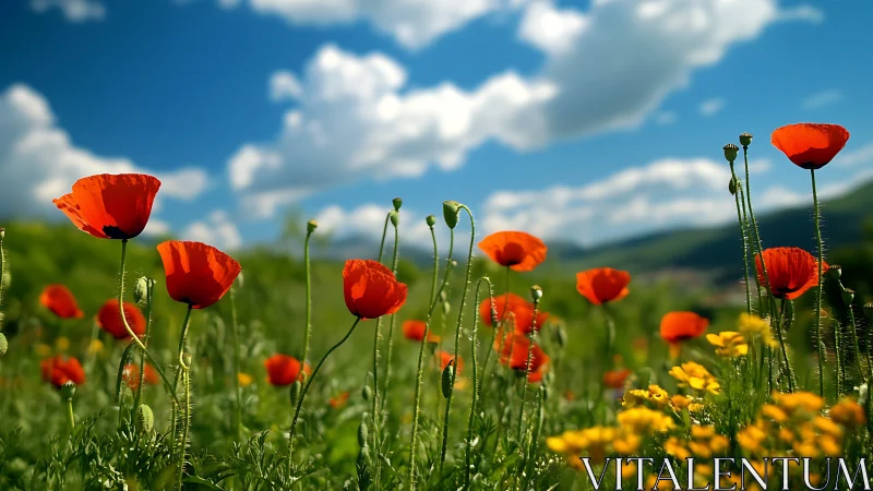 Red Poppies in Alpine Meadow: Depth-Layered Landscape.