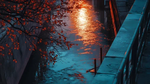 Nocturnal canal reflection with chromatic bokeh foliage glow.
