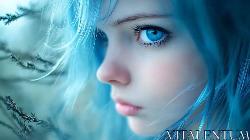 Side profile of blue haired girl with close eye detail.